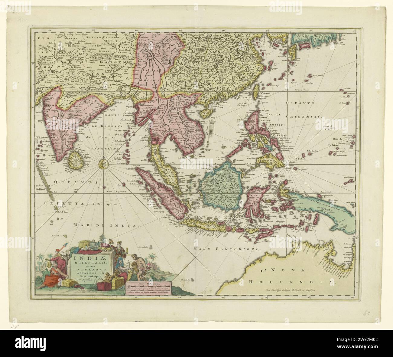 Carte de l'Asie du Sud-est avec archipel indonésien, Nicolaes Visscher (I), 1650 - 1700 imprimer carte de l'Asie du Sud-est avec archipel indonésien, différentes zones colorées différemment. A gauche, un vent s'est levé, en bas à gauche avec le cartouche des habitants de divers pays asiatiques, des biens et des paysages autour de l'inscription. En bas à gauche aussi l'échelle en milles allemands et français (1 : 250,000). Amsterdam cartes de gravure sur papier de pays ou de régions distinctes de l'Asie du Sud-est. Indonésie. Archipel indonésien Banque D'Images