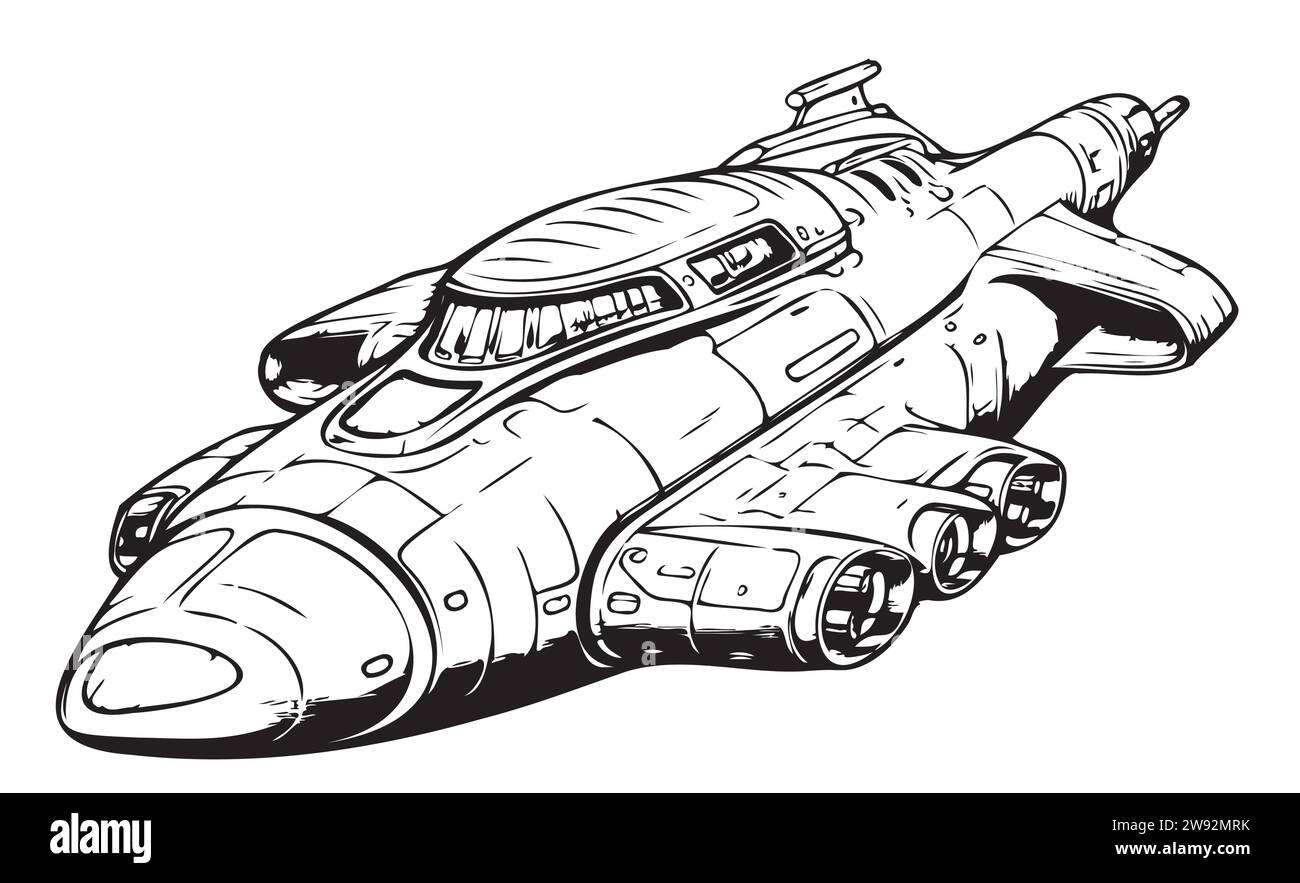 Croquis de vaisseau spatial dans un style rétro, dessiné à la main. Illustration vectorielle. Illustration de Vecteur