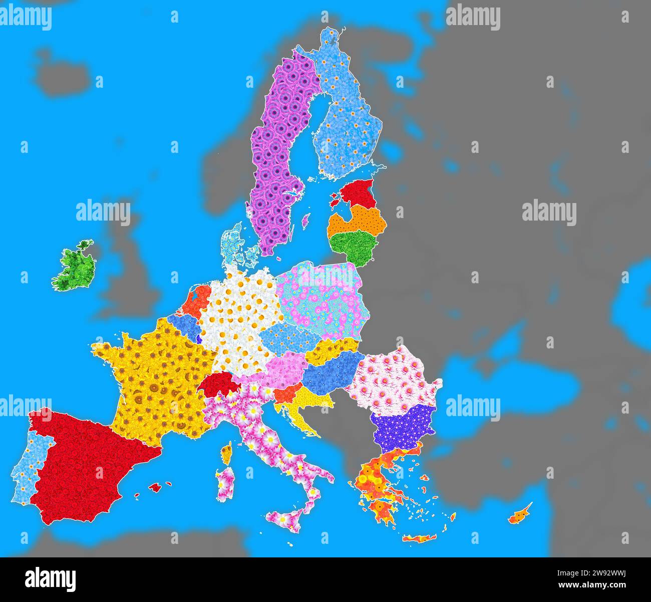 Carte de l'Union européenne, l'UE, les États membres, les pays marqués avec des fleurs différentes. Atlas, graphique, symbole de la politique environnementale verte, envi Banque D'Images