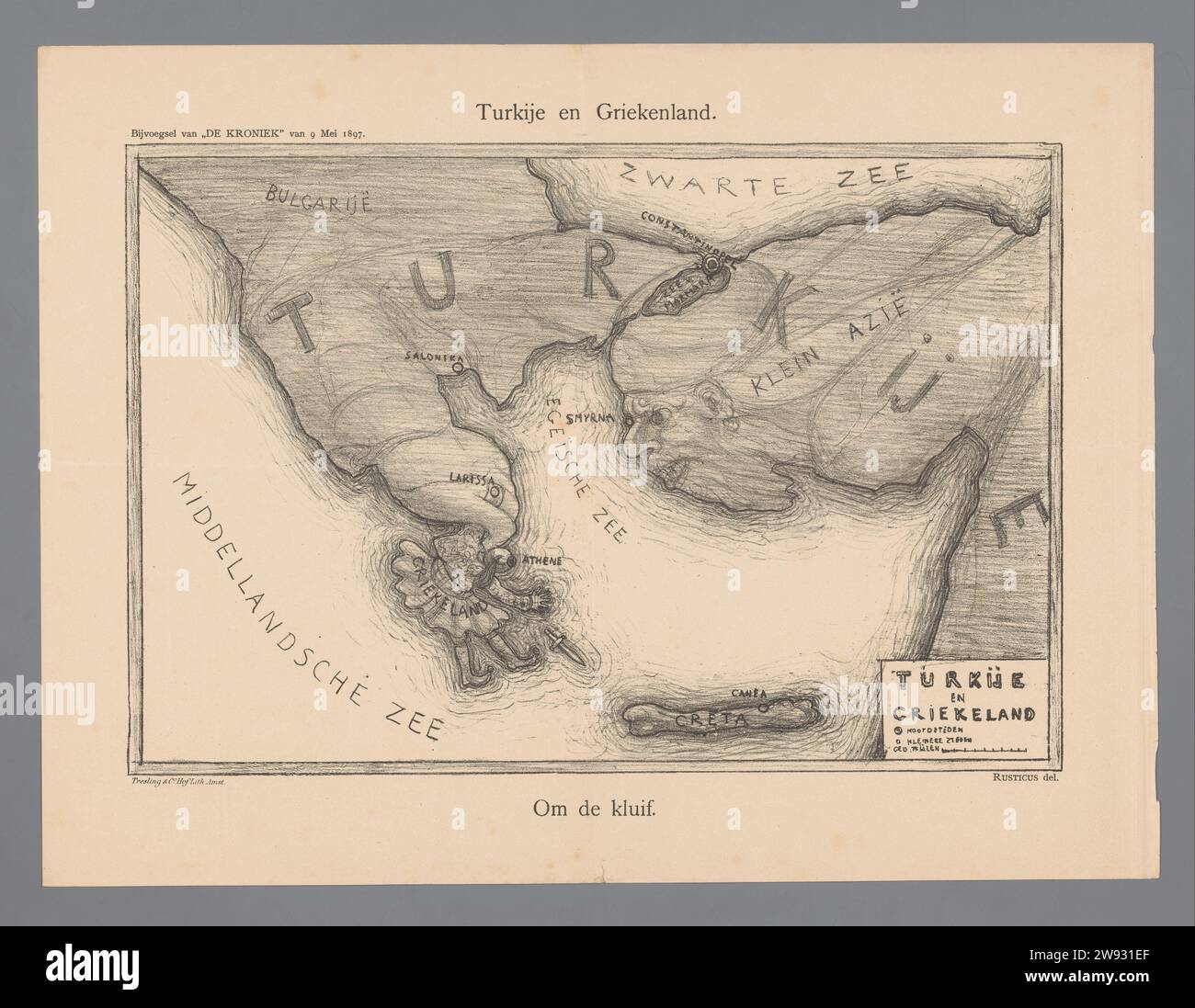 Turquie et Grèce, Marius Bauer, 1897 caricature sur la lutte entre la Grèce et la Turquie au sujet de la Crète. Carte avec la Turquie comme un turc avec la Grèce en difficulté dans sa main et la Crète comme un os. Publié dans l'ajout de 'de Kroniek' du 9 mai 1897. Imprimeur : Netherlandsprinter : Amsterdampublisher : Amsterdam cartes papier, atlas. Caricatures politiques et satires Grèce. Turquie. Crète Banque D'Images