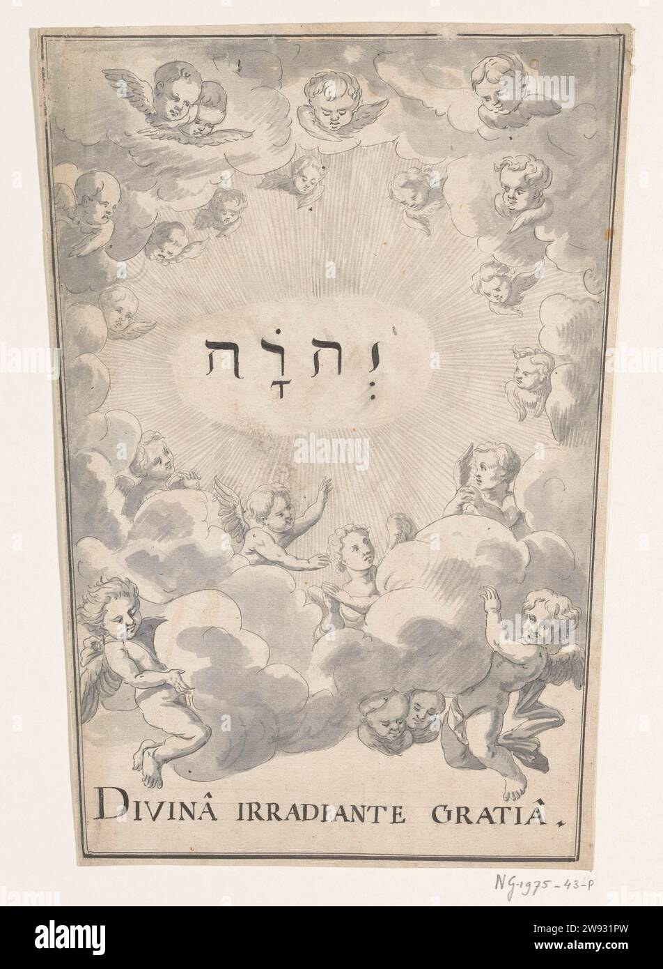 Emblème allégorique à la paix de Rijswijk, 1697, Anonyme, 1697 dessin emblème avec le tétragramme radieux dans le ciel entouré d'anges. Inscription : Divinâ irradiante Gratiâ. Dessins d'enfants sur le dos. Conception d'une décoration à la célébration de la paix de Rijswijk en 1697. Papier des pays-Bas du Nord. festivités stylo à encre / pinceau sur des événements d'importance nationale (+ décoration festive  activités festives). Tétragramme (en écriture hébraïque)  religion juive. anges Banque D'Images