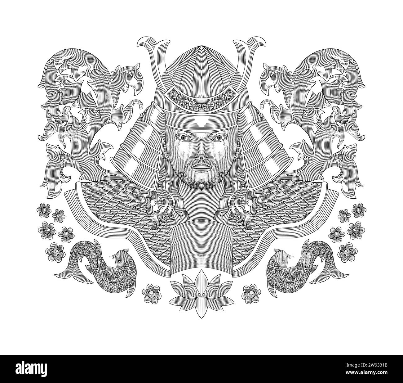 Samurai Warrior avec ornement floral et poisson koi, style de dessin de gravure antique, illustration vectorielle vintage Illustration de Vecteur