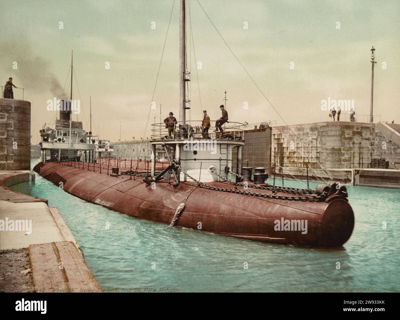 Joseph L. Colby, navire à vapeur à baleine, quittant l'écluse de Soo, Sault Ste. Marie, Comté de Chippewa, Michigan 1899. Banque D'Images