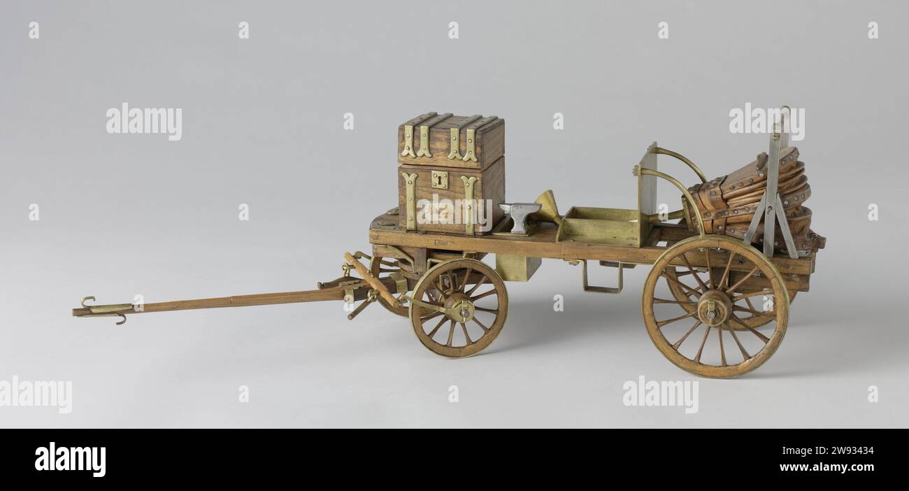 Modèle d'un wagon de forgeron, anonyme, c. 1750 - c. 1800 modèle à l'échelle modèle en chêne Smidswagen pour artillerie de campagne avec pâte en laiton. Sur la voiture une boîte avec enclume en laiton, pivot en bois percé et baignoire en bois avec pâte en laiton (barre d'attelage, barre d'attelage et voiture cassées). Chêne des pays-Bas (bois). laiton (alliage). fer (métal) Banque D'Images