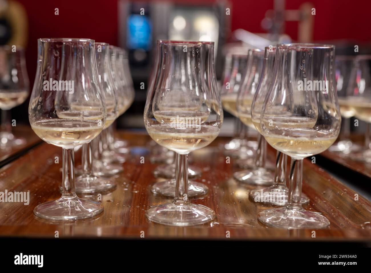 Beaucoup de petits verres de dégustation de vin mousseux de champagne ...