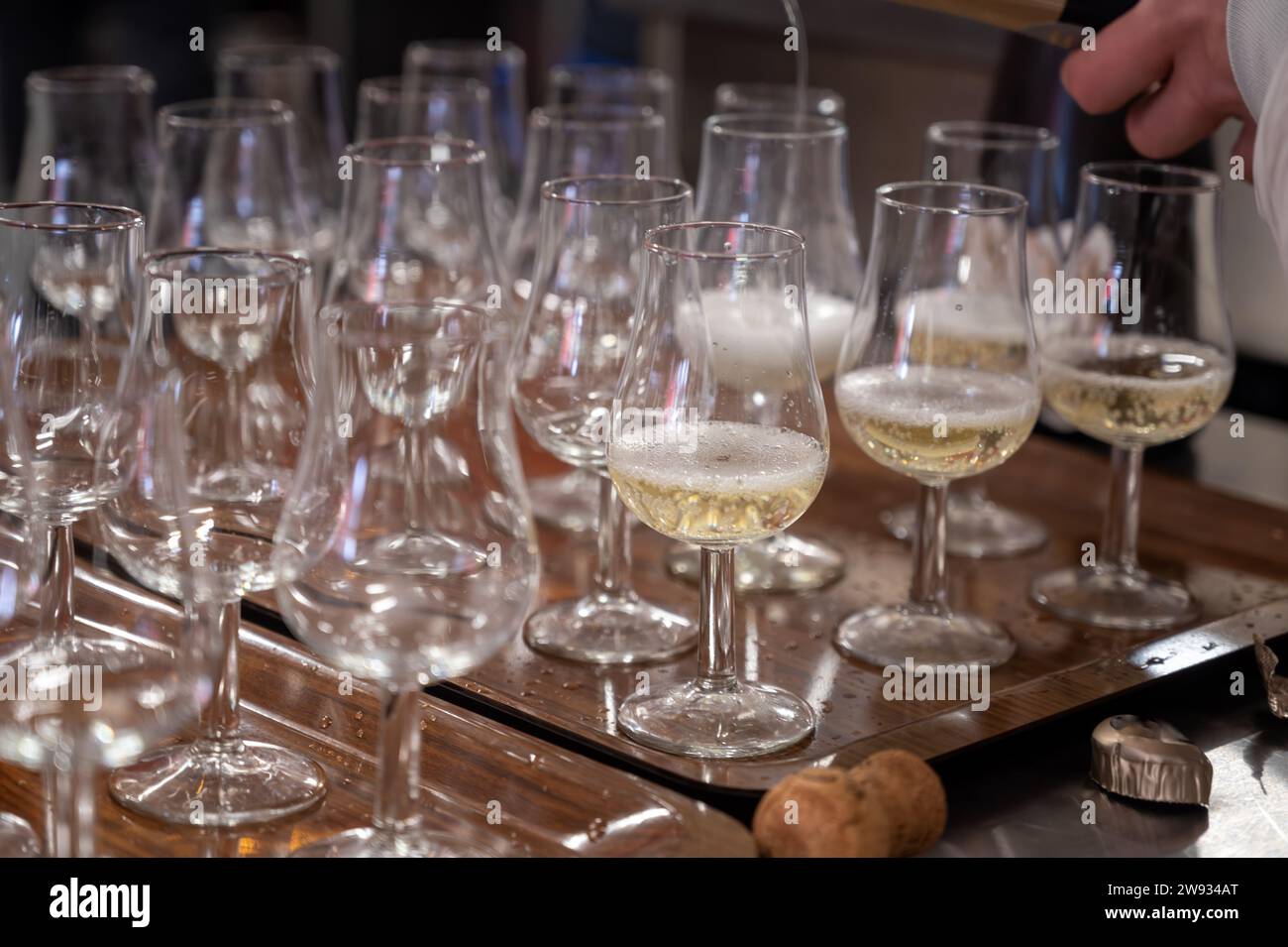 Beaucoup de petits verres de dégustation de vin mousseux de champagne ...