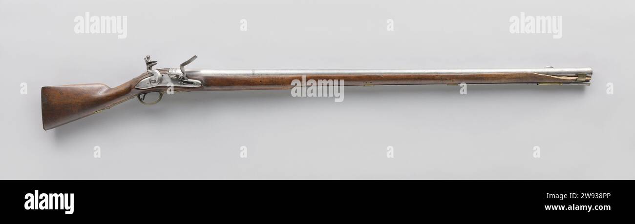 Flintlock Wall Piece, anonyme, c. 1825 - c. 1840 mousqueton. Flintlock canon Flint Forteresse (Walbuks) avec serrure à batterie ; bande profilée dans la pièce ; grain de visière en fer demi ovale allongé ; pas de visorkeep ; au fond d'une plaque de serrure plate de marque on -walk et coq avec côtés biseautés ; plaque de serrure inférieure concave ; bouteille française Nutenhouten ; bande en laiton autour du tiroir; quatre autocollants de chargement en laiton en forme de trompette avant ; large support de tracteur rond ; flacon en laiton ; châtaigne de fer avec partie avant plus épaisse ; plaque de contre-verrouillage en laiton en forme d'accolade. Utilisé en 1830. Europe Laadstok, serrure, course : fer (Métal). BATT Banque D'Images