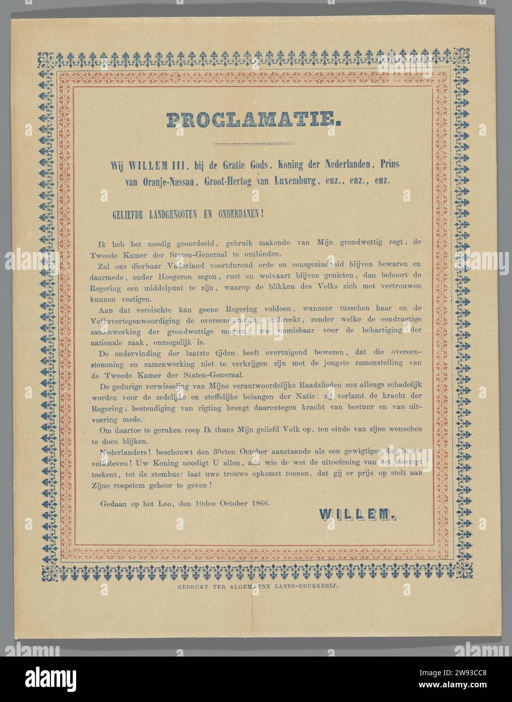 Proclamation du roi Guillaume III sur la dissolution de la Chambre des représentants, Guillaume III (roi des pays-Bas), 1866 document stucked, texte imprimé en bleu avec bordure rouge-bleu. Collé sur du carton. Het Looprinter : le journal de la Haye. Impression sur carton la Haye Banque D'Images