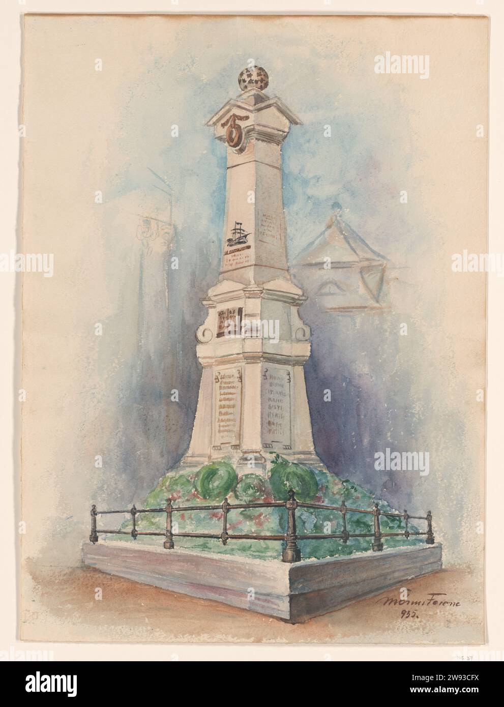 Menkuil de Admiraal M.A. de Ruyter à Debrecen, Anonyme, 1900 - 1950 dessin Gedenkzuil, fondée à Debrecen (Hongrie) en l'an 1895 pour commémorer le "Salut des Pasteurs hongrois" par le lieutenant-amiral M.A. de Ruyter le 11 février 1676. Papier hongrois. Monument aux pinceaux aquarelles (peinture), statue de Debrecen Banque D'Images