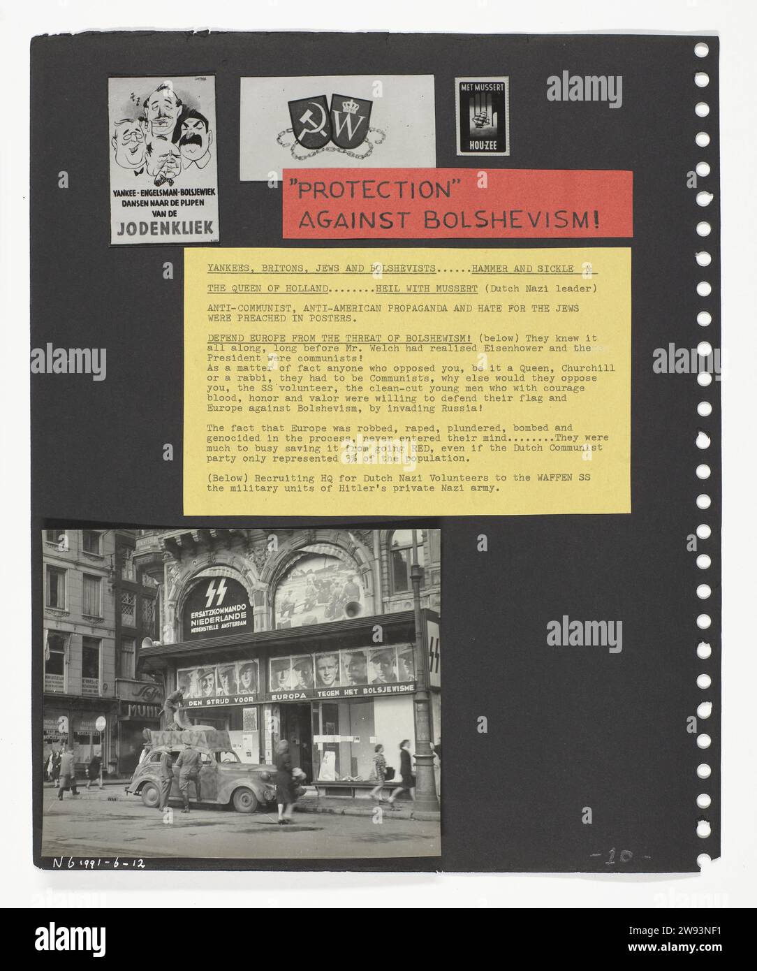 Propagande allemande, 1940 - 1945 photo ci-dessus : trois copies d'images de propagande anti-juive/bolchevique. Sous : photo du bureau SS, situé au barrage 4 à Amsterdam, où les Néerlandais pouvaient s'inscrire pour la Waffen SS. : SS Ersatzkommando Niederlande. Nebenstelle Amsterdam. Journal d'Amsterdam. Plastique (matière organique) pays-Bas Banque D'Images