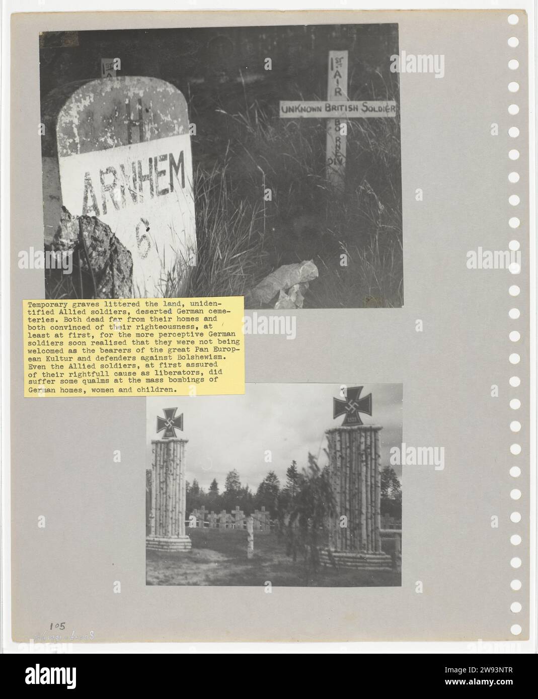 Graf Unknown English Soldier, 1945 photographiez deux photos prises peu après la libération. Photo ci-dessus : tombe d'un soldat anglais inconnu près d'Arnhem. A côté de la tombe, un panneau indiquant Arnhem. Photo du bas : papier du cimetière allemand néerlandais. Plastique (matière organique) pays-Bas. Arnhem Banque D'Images