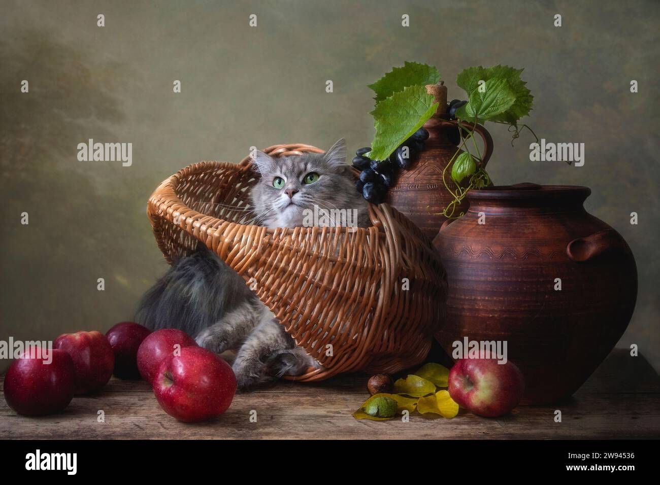 Nature morte avec des pommes et un chaton dans le panier Banque D'Images
