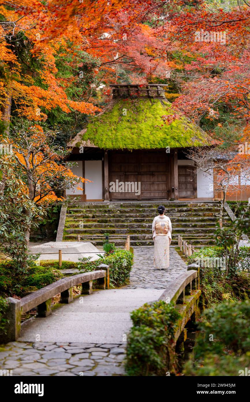 Kyoto, Japon. Femme portant un kimono dans le jardin de feuillage Honen-in Temple Fall. Les érables deviennent rouges en automne. Escalier en pierre de construction traditionnel japonais Banque D'Images