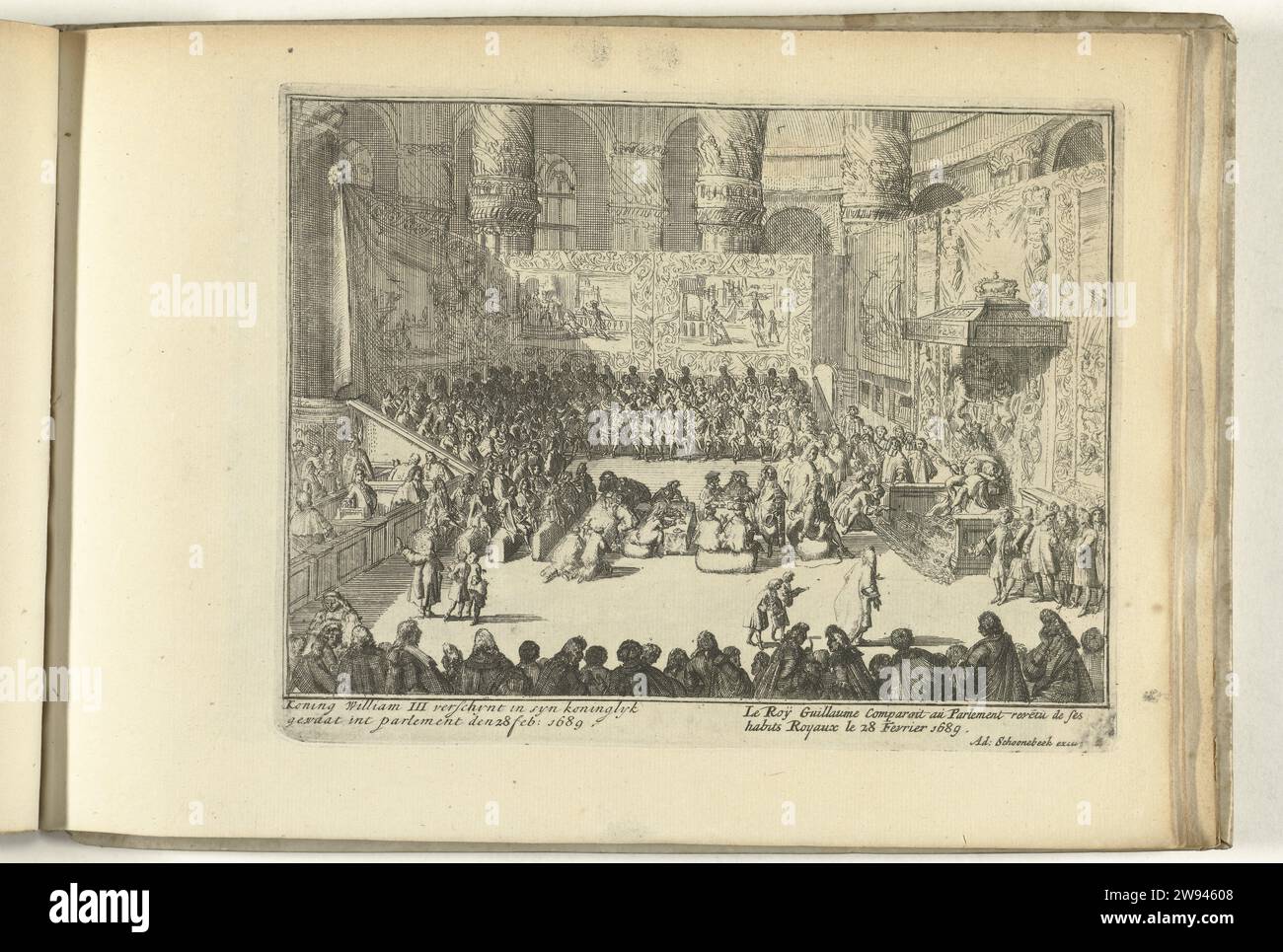 Guillaume III assiste à une session du Parlement en tant que roi, 1689, 1689 imprimer Guillaume III assiste à une session du Parlement en tant que roi, le 28 février 1689. Le roi droit en robe royale assis sur son trône. Plaque L dans la série 'Engelants Schouwtoneell' sur la glorieuse Révolution 1688-1689 (deuxième partie). Avec légendes en néerlandais et en français. Amsterdam papier gravure Chambre basse, Parlement, Chambre chambres du Parlement Banque D'Images