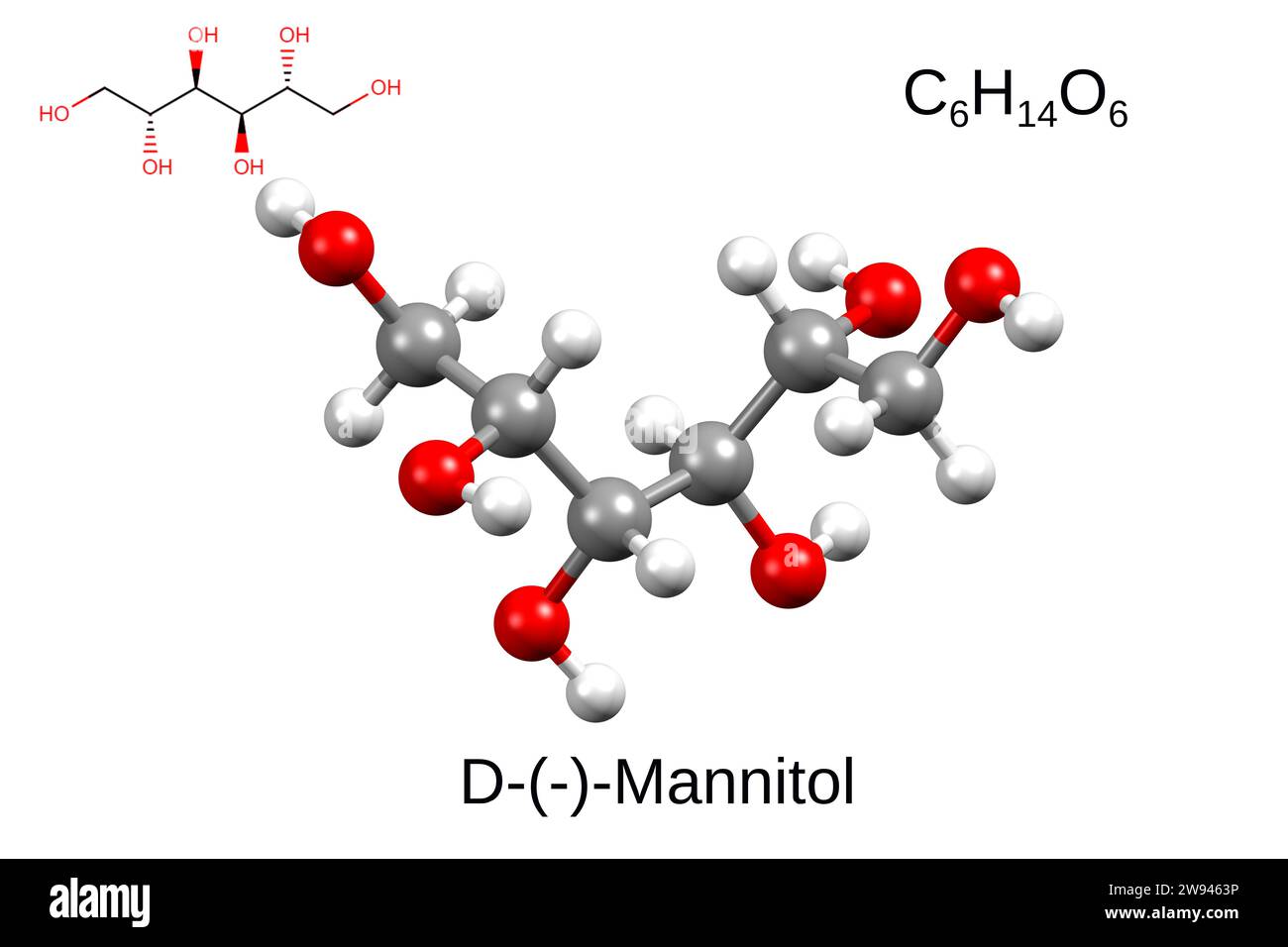 Formule chimique, formule squelettique et modèle 3D de mannitol à bille et bâton, fond blanc Banque D'Images