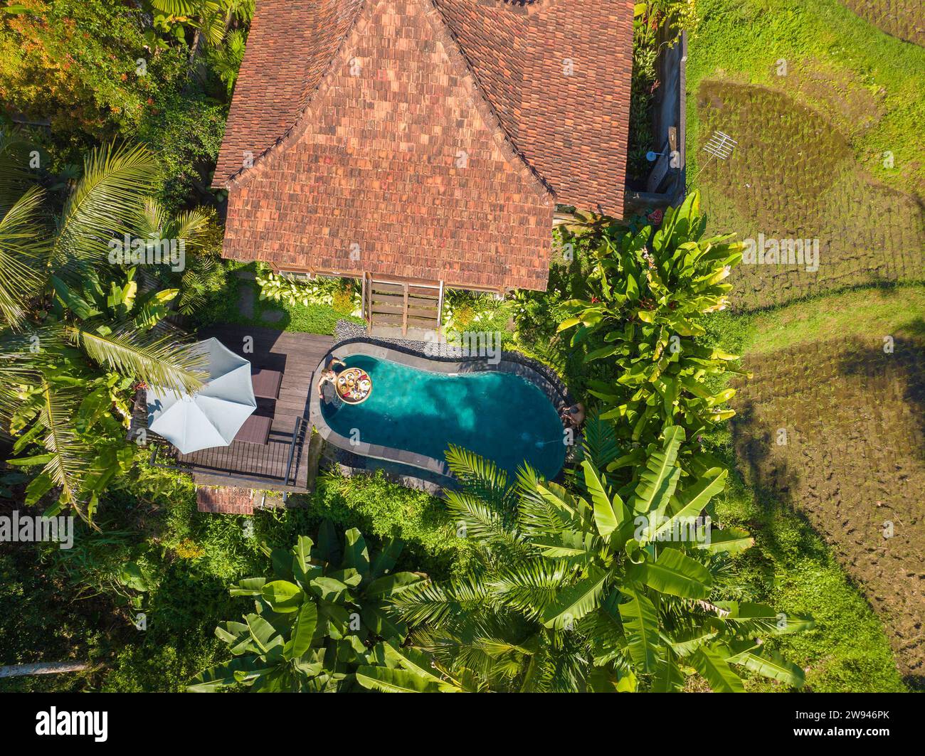 Vue aérienne d'une jeune femme prenant son petit déjeuner sur un panier flottant dans une piscine, Bali rural Banque D'Images