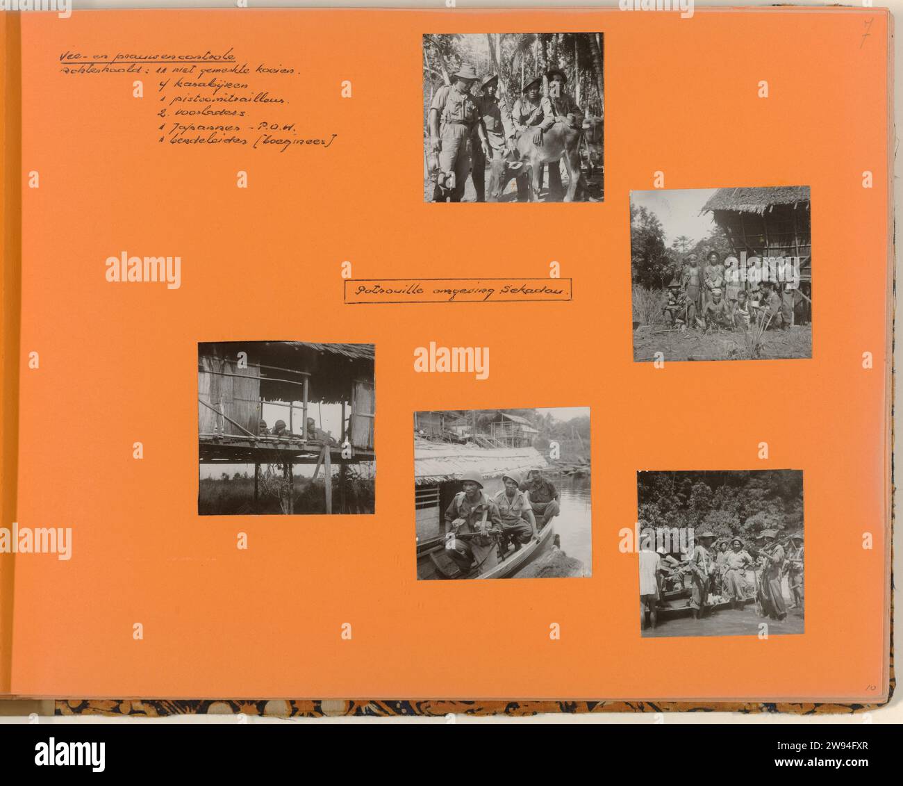 Zone de patrouille Sedakou, Theunissen (Sergent Major), 1948 Photography Album Magazine avec 5 photos lors d'une patrouille dans la zone de Sekadau. Au cours de cette patrouille ont été découverts : un prisonnier de guerre japonais, des armes, des vaches non-Mempt et un chef de gang (un boweline). Partie de l'album photo du service du sergent-major Theunissen à Bornéo, 1947-1954. NetherlandsBorneo support photographique. Impression / écriture argentique en carton (procédés) Borneo Banque D'Images