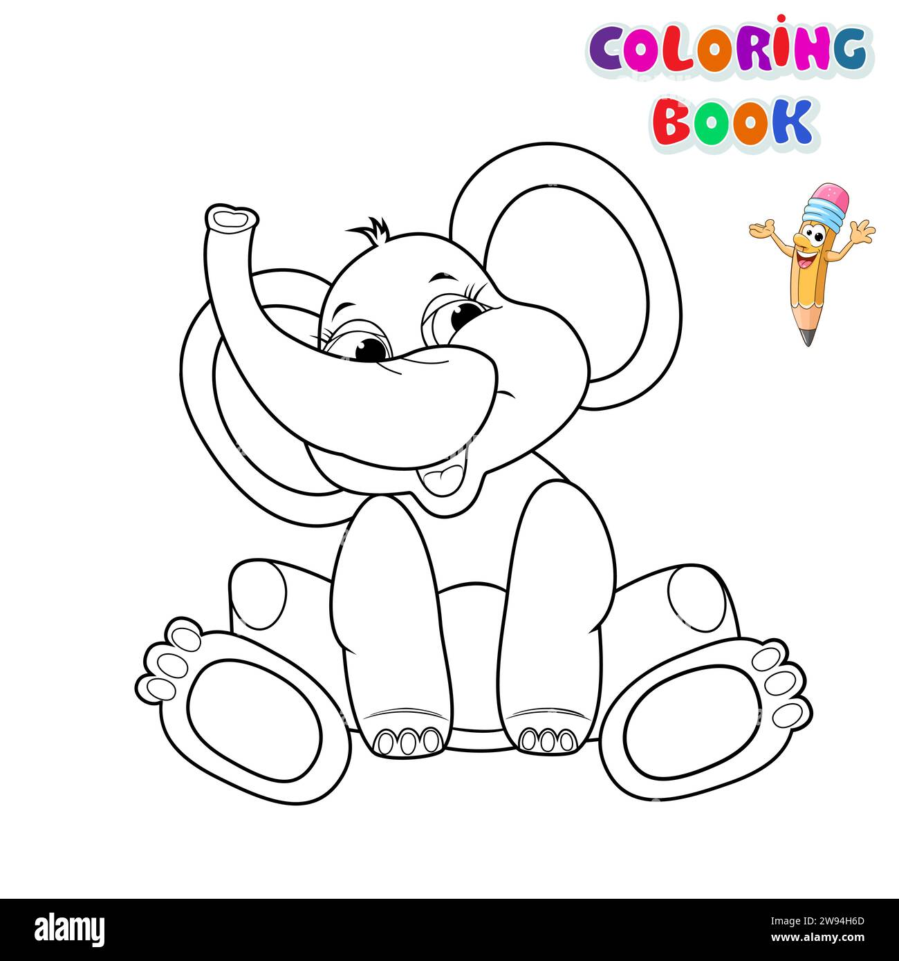 Un petit bébé éléphant de dessin animé est assis et sourit sur un fond blanc. Bébé éléphant pour livre de coloriage. Illustration enfantine pour la coloration. Illustration de Vecteur