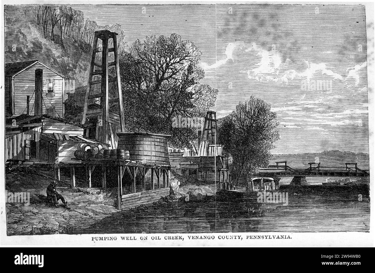 Gravure d'un puits de pompage sur Oil creek, comté de Venango, Pennsylvanie, vers 1880 Banque D'Images