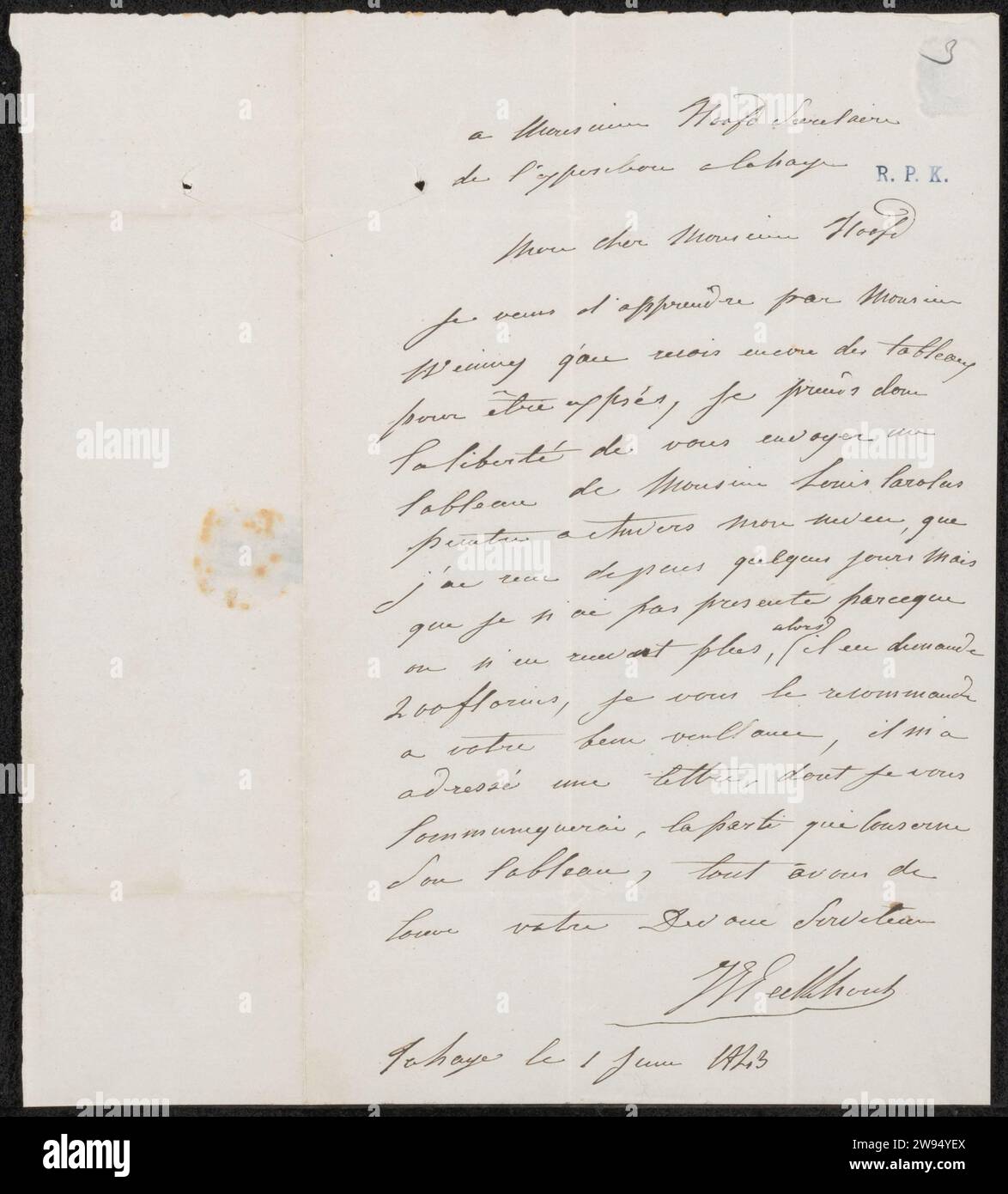 Lettre à Jonkheer H.P.F. Hooft, secrétaire du comité de l'exposition des maîtres vivants à la Haye, Jacob Joseph Eeckhout, 1843 lettre le journal de la Haye. écriture à l'encre (procédés) / peinture à la plume (y compris l'illumination de livre, la peinture miniature). argent Banque D'Images