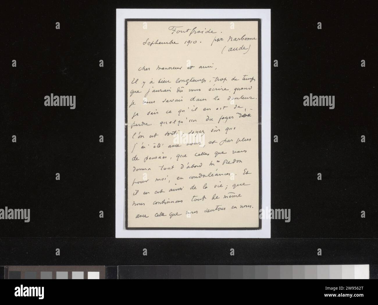 Brief aan Andries Bonger, Odilon Redon, en papier Narbonne de 1910 lettres ou avant. écriture à l'encre (processus) / stylo vie de famille. passions, émotions, affections. maladies. peinture (y compris l'illumination de livres, la peinture miniature). musique. Photographie, cinématographie Italie. Paris. Bièvres. Versailles. Pyreneen Banque D'Images