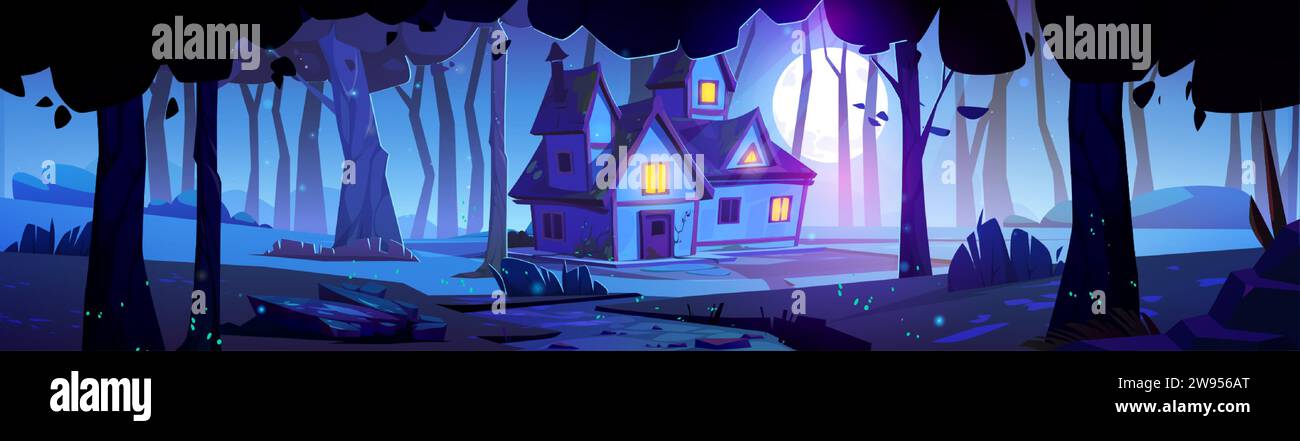 Maison dans les bois la nuit sous le clair de lune. Maison confortable et calme avec lumière dans les fenêtres se dresse parmi les arbres dans la nuit sombre. Paysage forestier de vecteur de dessin animé Illustration de Vecteur