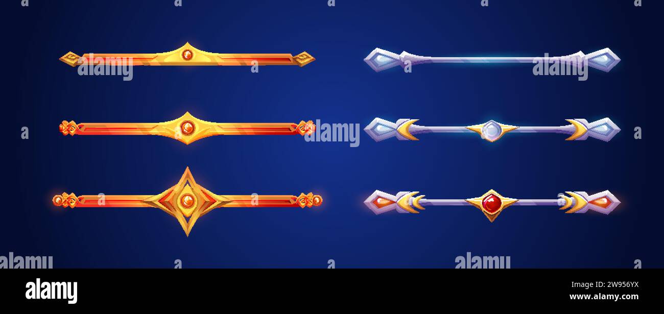 Séparateur d'interface utilisateur de jeu décoratif et bordure de texte pour l'interface de différents niveaux. Ensemble de vecteur de dessin animé de cadre de fantaisie horizontal et partition de divers com Illustration de Vecteur