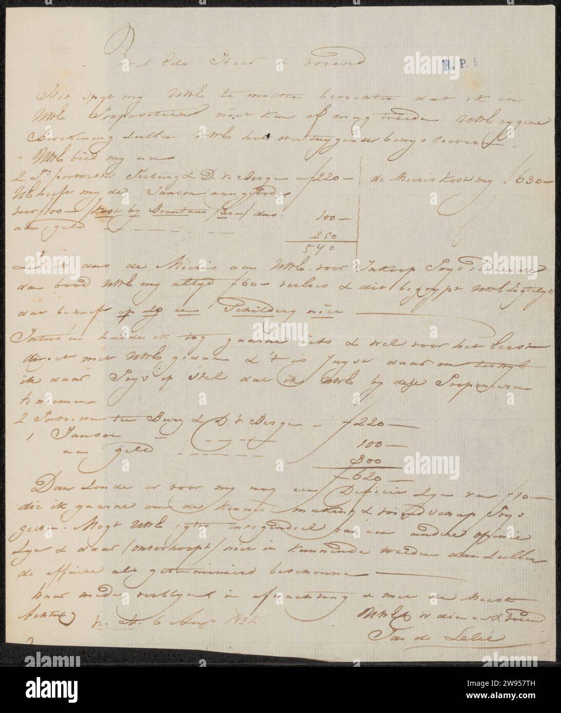 Lettre à Anonymous, Jan Adriaan Antonie de Lelie, 1832 papier à lettres. écriture à l'encre (procédés) / peinture à la plume (y compris l'illumination de livre, la peinture miniature). commerce d'art, boutique d'art. argent. personne historique anonyme représentée Banque D'Images