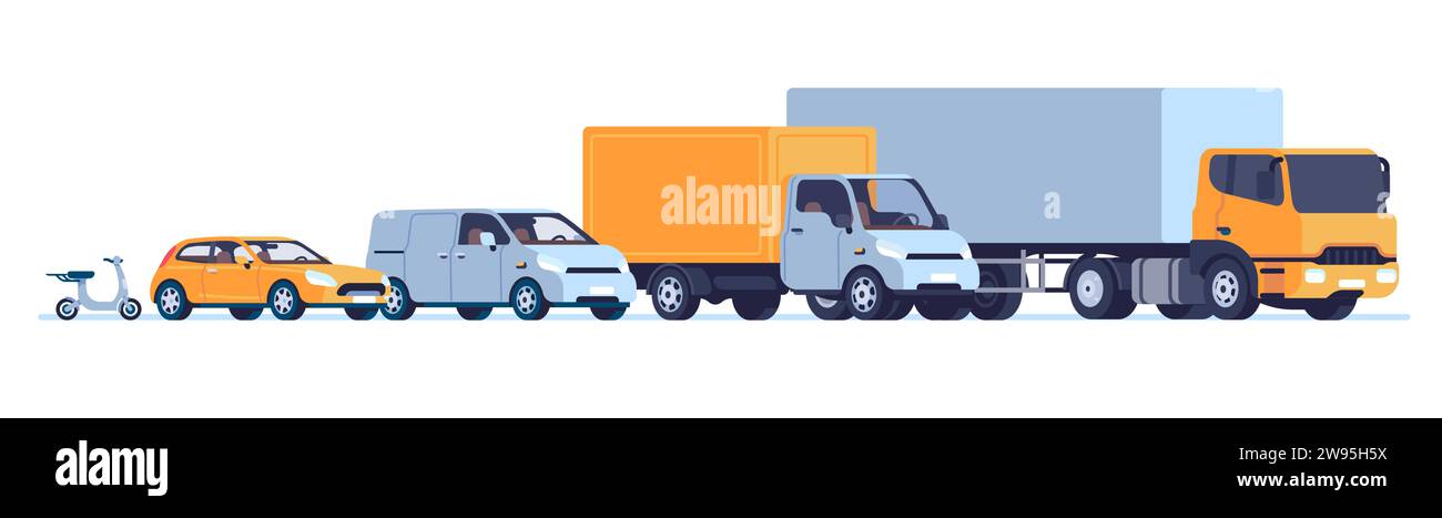 Les véhicules à moteur, des cyclomoteurs aux camions. Différentes voitures. Berline ou scooter à hayon. Camion de fret avec conteneur ou remorque. Route urbaine Illustration de Vecteur