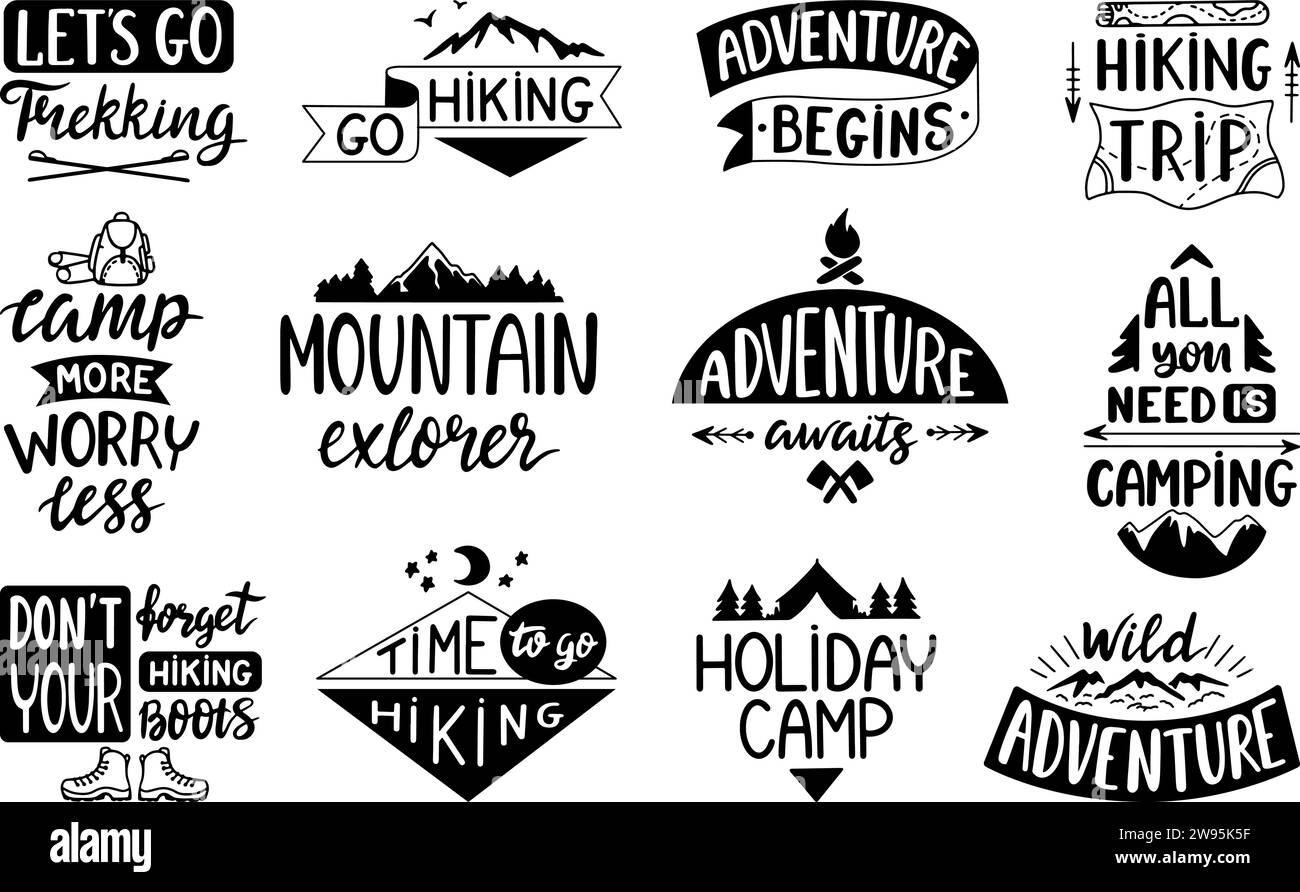 Lettrage de citation aventure. Rubans noirs et badges avec slogans de voyage. Badges de camping et de randonnée ou imprimés t-shirt, set vectoriel néotérique Illustration de Vecteur