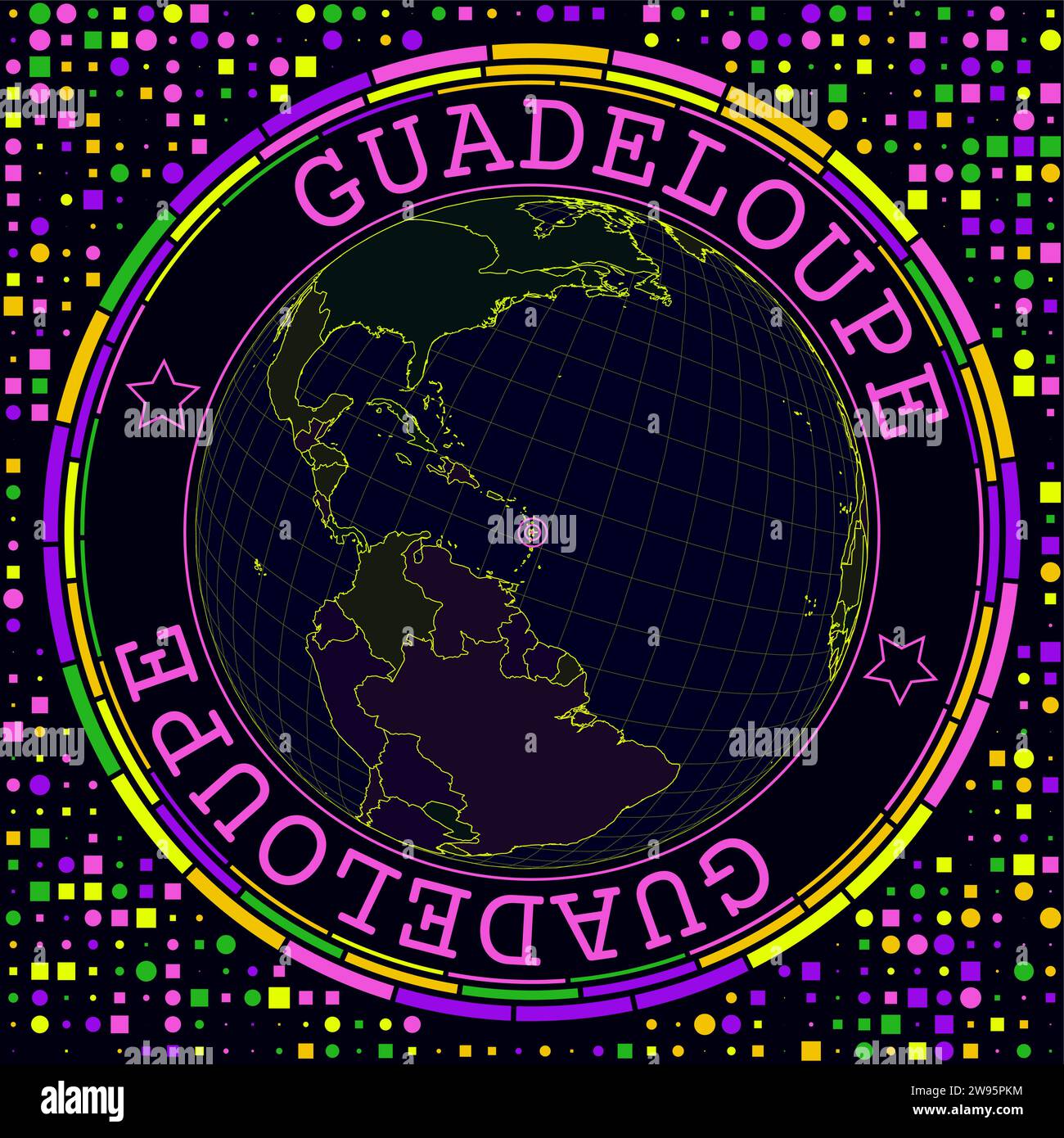 Guadeloupe futuriste sur globe. Vue satellite néon lumineux du monde centrée sur la Guadeloupe. Illustration géographique avec forme de pays et géo Illustration de Vecteur