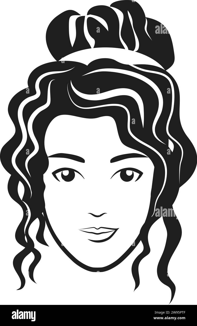 Tête de femme avec les cheveux bouclés et chignon. Illustration monochrome de logo de coiffure féminine tendance de mode Illustration de Vecteur