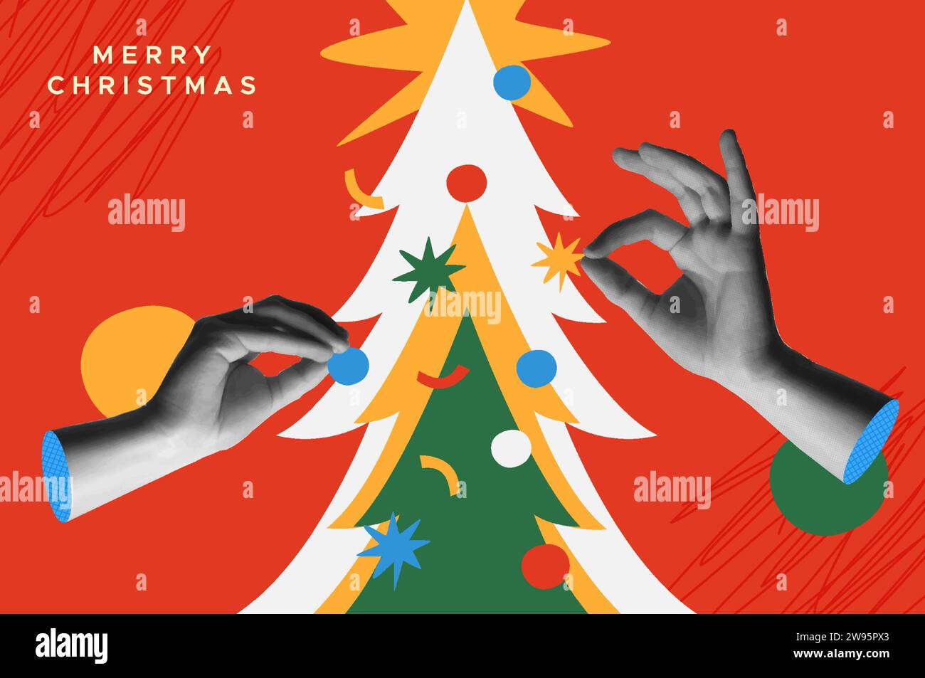 Illustration vectorielle de carte de voeux Joyeux Noël. Mains humaines tenant la décoration d'ornement saisonnier sur l'arbre de Noël. Style de collage demi-ton tendance. Illustration de Vecteur
