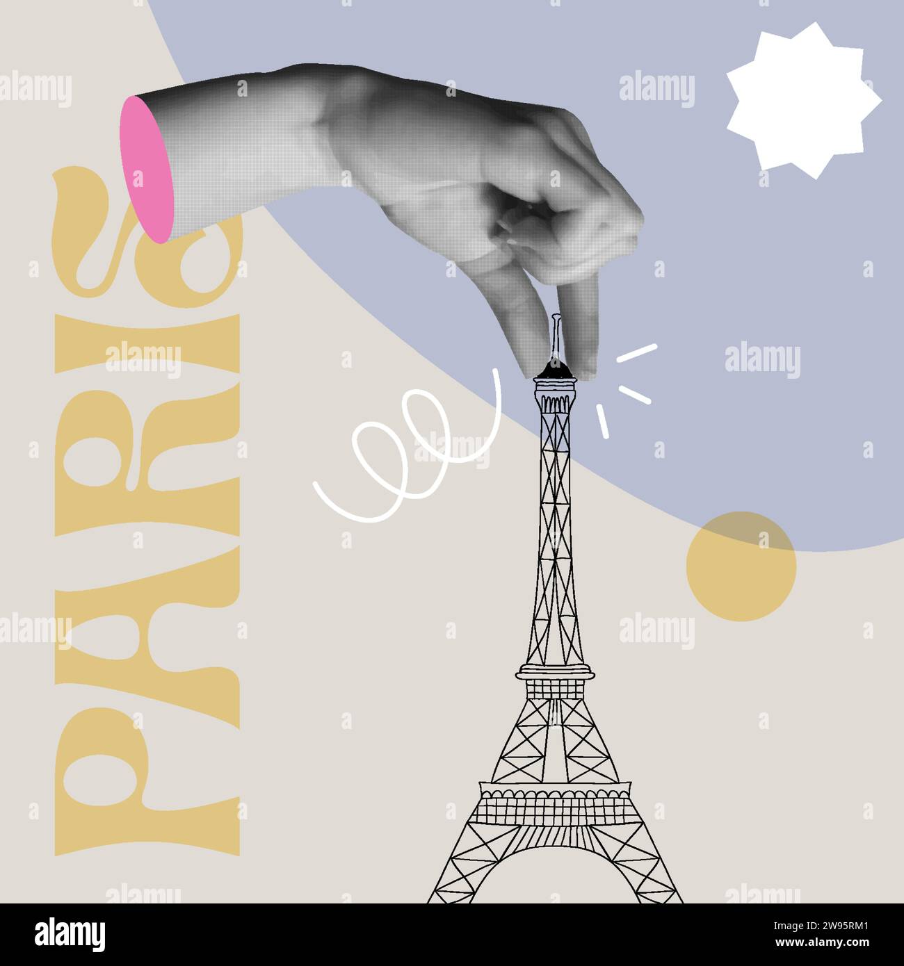 Tourisme à Paris France illustration vectorielle de carte. Main humaine tenant une tour Eiffel dans un collage rétro demi-ton tendance mélange de médias style des années 90 avec un plat A. Illustration de Vecteur