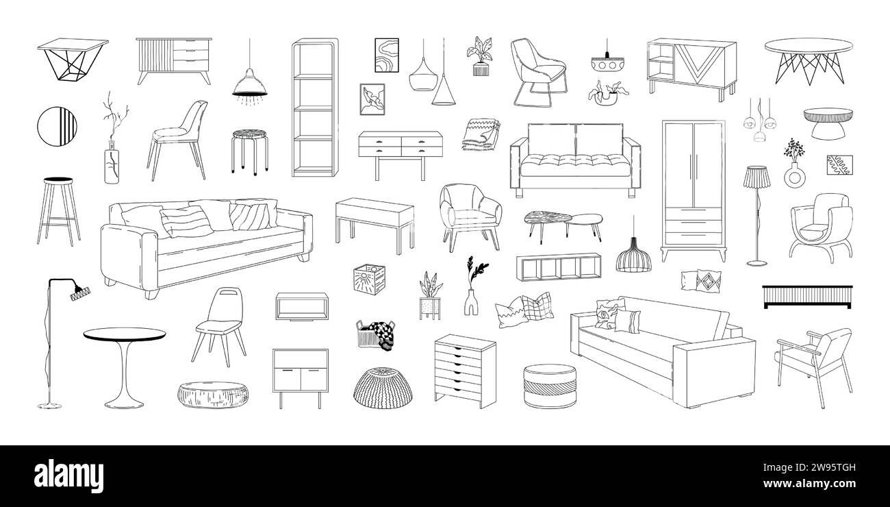 Intérieur de la maison. Croquis de table et de chaise de ligne. Canapé moderne et plantes en pots. Décoration de la chambre. Armoire de maison dessinée à la main. Lampe. Oreillers ou couvertures. F Illustration de Vecteur