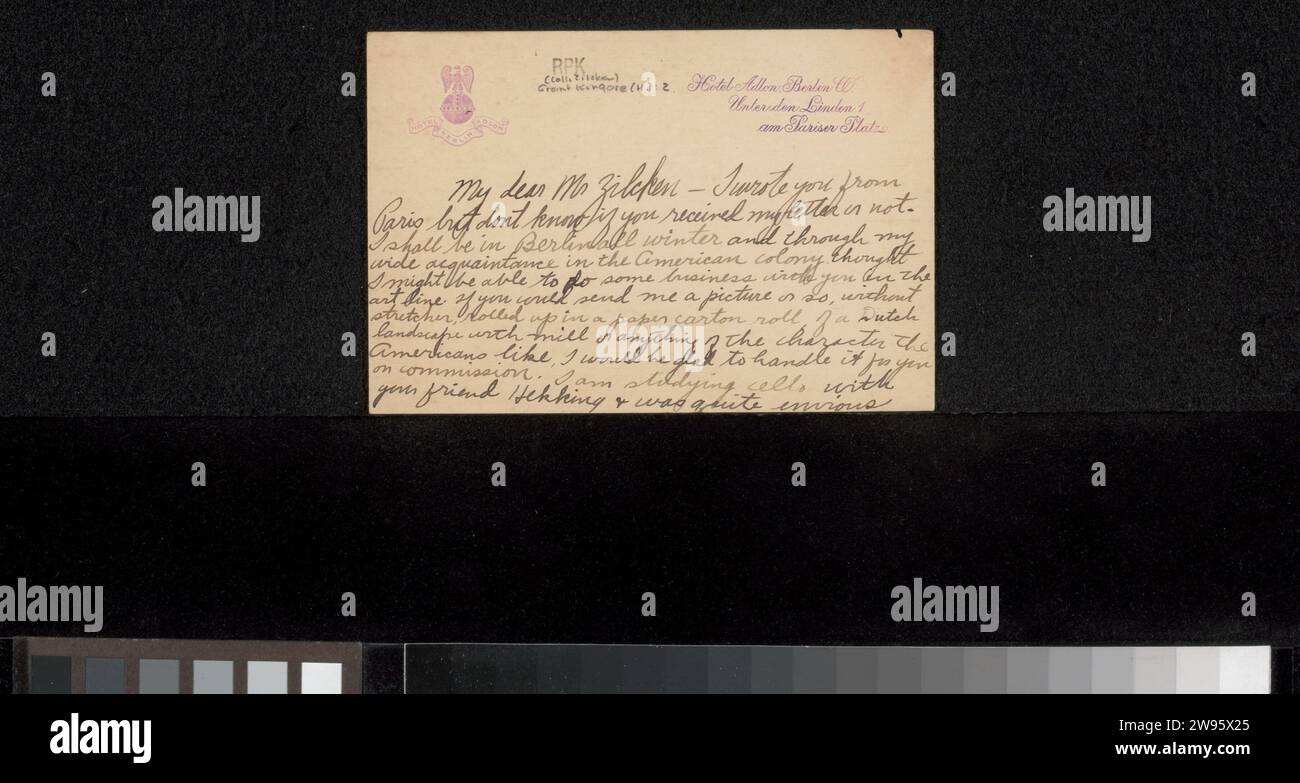 Brief aan Philip Zilcken, en carton Berlin de 1913 lettres ou avant. écriture à l'encre (procédés) / stylo / peinture d'impression (y compris livre-illumination, miniature-peinture). musique. L'art graphique collectionnant la Haye. Amérique du Nord et Amérique centrale Banque D'Images
