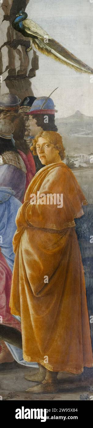 Sandro Botticelli (Alessandro Filipepi) autoportrait en pied de l'adoration des Mages ou autel de Zanobi, 1475, tempera sur panneau de bois Banque D'Images