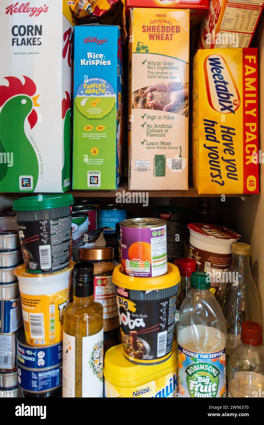 Aliments de différentes marques entreposés dans un placard alimentaire barde dans une cuisine Banque D'Images