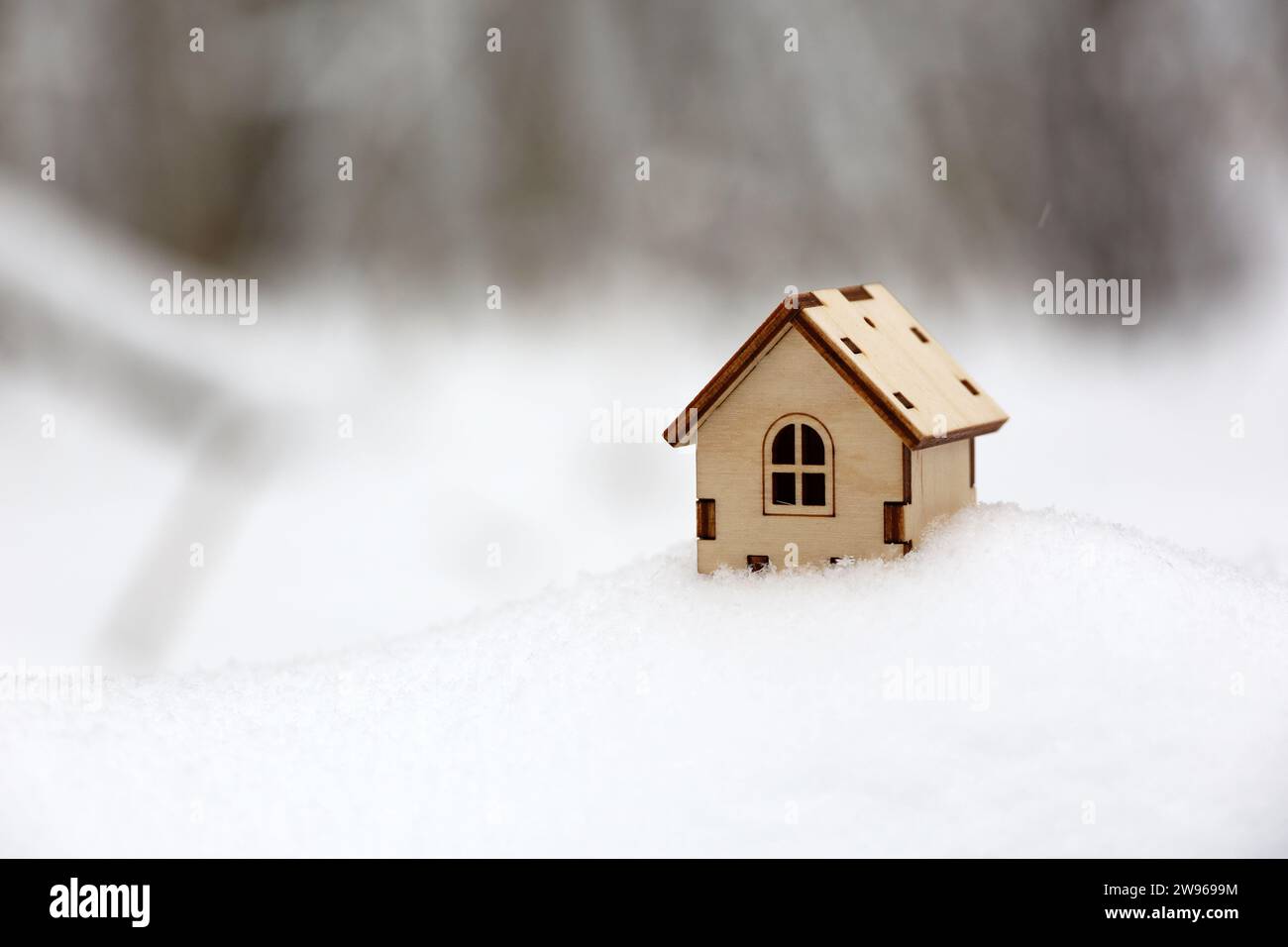 Modèle de maison en bois dans une neige sur fond de forêt d'hiver.Concept de chalet de campagne, immobilier dans zone écologiquement propre Banque D'Images