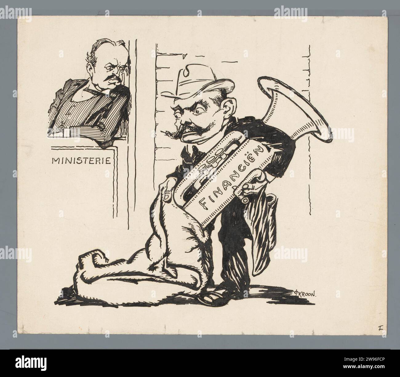 Ministre S. de Vries avec tuba, Patricq Kroon, 1918 - 1921 dessin le ministre des Finances Simon de Vries obtient un tuba d'un sac, un homme regarde du ministère, la conception d'une caricature politique. Papier néerlandais. stylo à encre caricatures politiques et satires. corne, trompette, cornet, trombone, tuba. ministre ~ gouvernement Banque D'Images