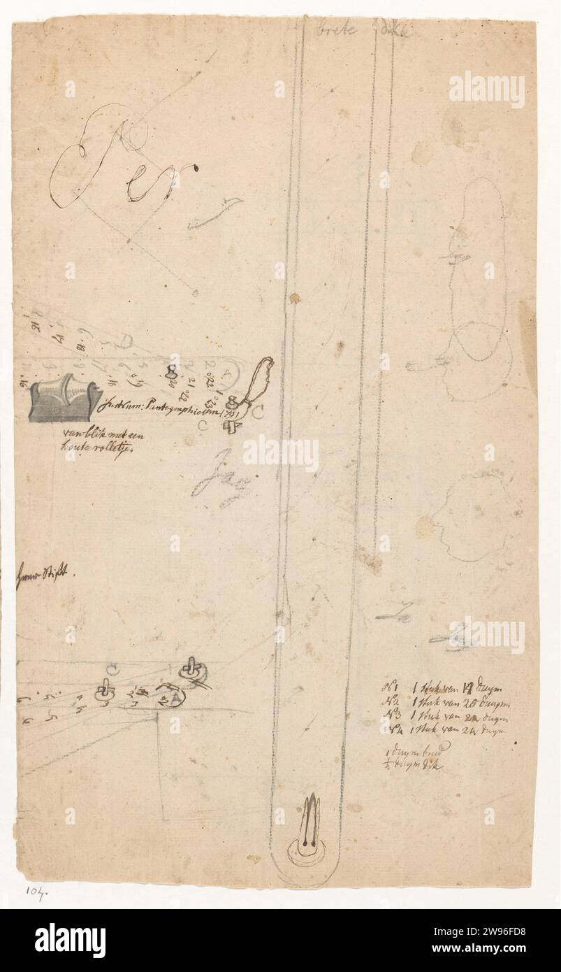 Pantograaf, Jan Brandes, 1787 - 1808 dessin étude sur l'utilisation du pantographe ou du singe dessinateur. Croquis d'une sorte de voiture à l'arrière. Papier Vissebo. crayon. Stylo à encre dessin-intruments (avec NOM) Banque D'Images