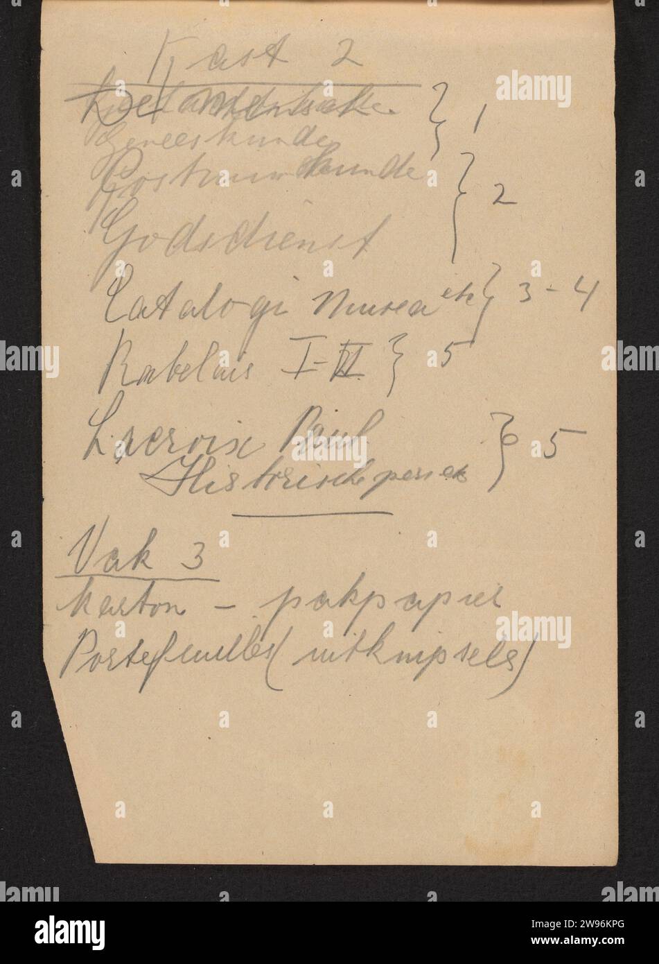 Liste des titres de livres et inventaire d'une armoire, Reinier Willem Petrus de Vries (1874-1953), 1884 - 1952 page 11 recto d'un carnet de croquis de 11 feuilles. papier. crayon Banque D'Images