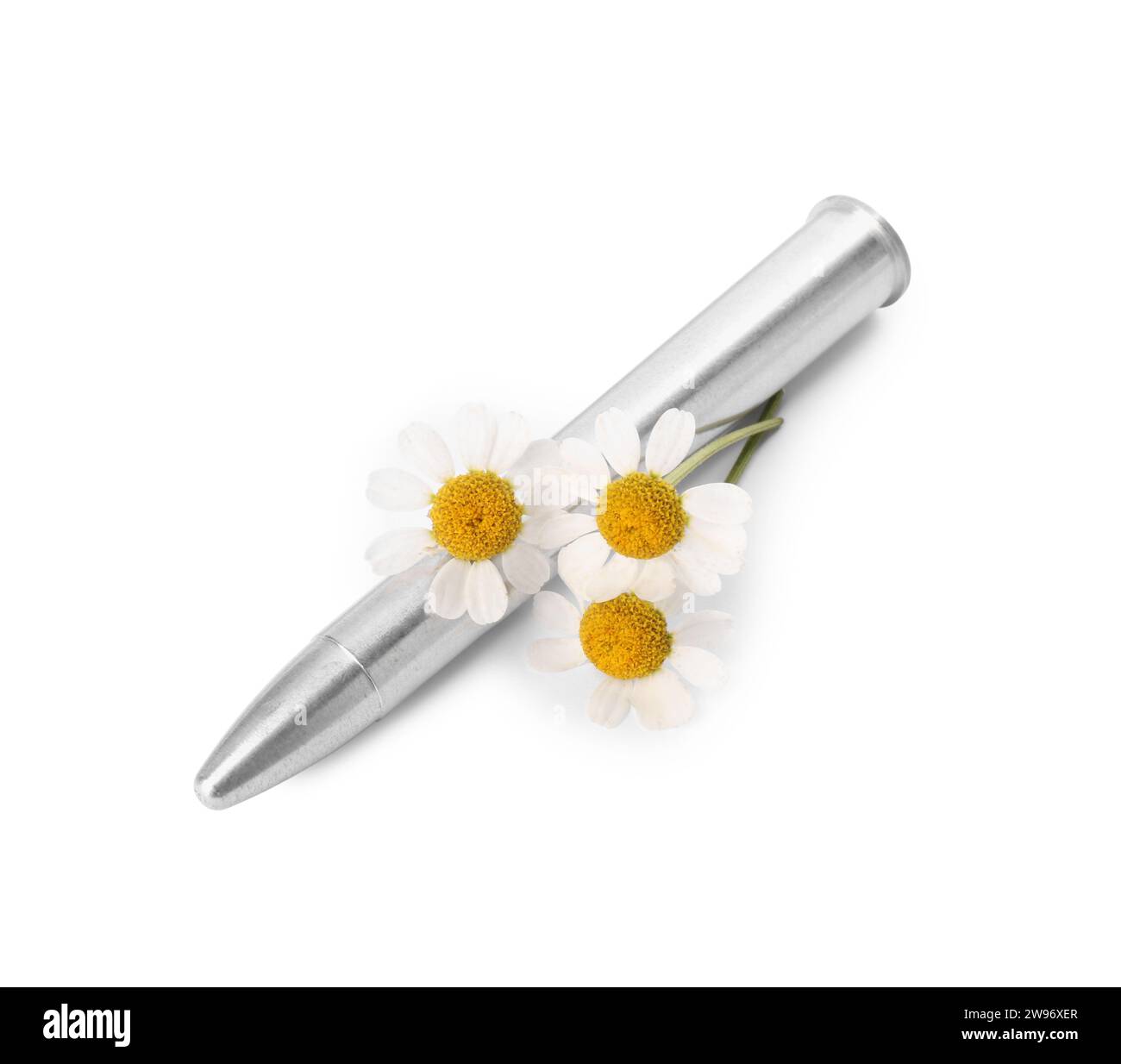 Balle en métal et belles fleurs isolées sur blanc Banque D'Images