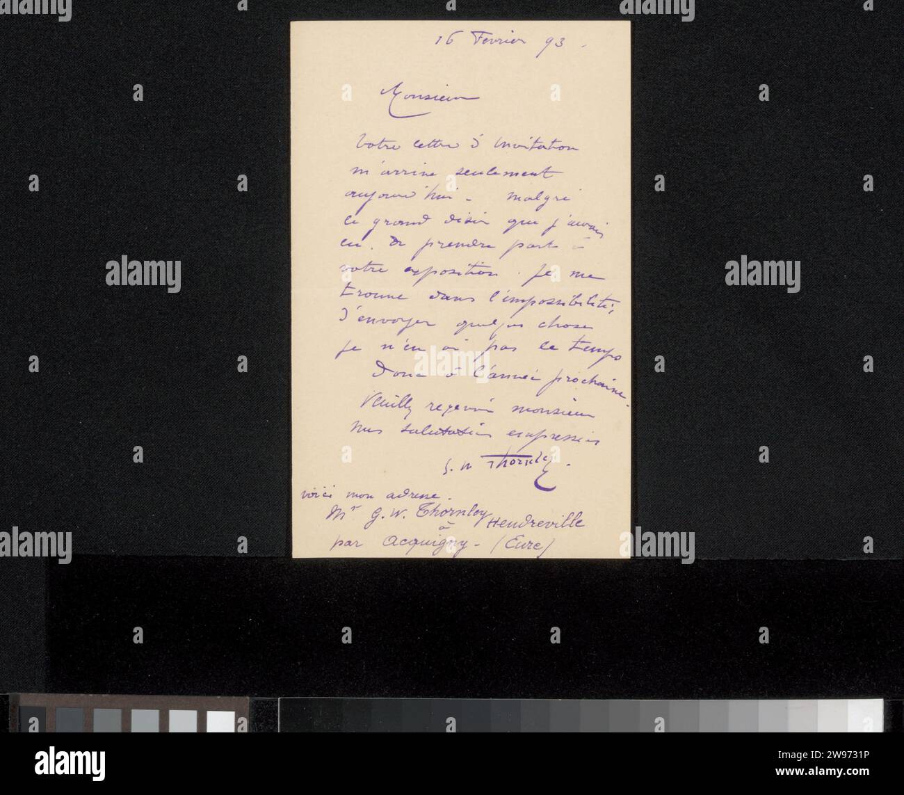 Brief aan Philip Zilcken, William Thornley, 1893 lettre papier de Heudreville-en-Lieuvin. écriture à l'encre (procédés) / exposition de stylo  art Banque D'Images