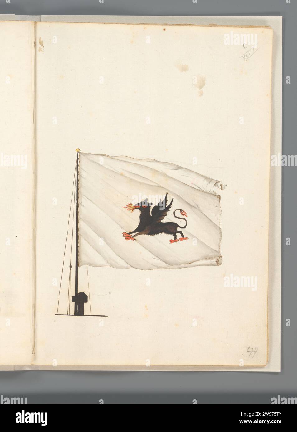 Drapeau de Naples, Anonyme, 1667 - 1670 dessin drapeau du Royaume Naples. Drapeau blanc avec un griffon noir respirant le feu. Drapeau sur flagsteng et pied de mât. Montré sur le folio 25r. Partie d'un livre de drapeaux avec des drapeaux d'Europe, d'Afrique du Nord, du proche et d'extrême-Orient. Papier France. encre. drapeau à l'aquarelle (peinture) stylo / pinceau, couleurs (comme symbole de l'état, etc.) Royaume Naples. Naples Banque D'Images