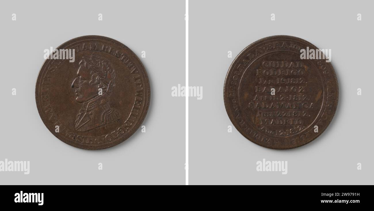 Récupération de l'Espagne et du Portugal par les victoires de Wellington 1812 ,, 1812 médaille d'histoire Médaille de cuivre, sur le devant le buste de Wellington à gauche avec un changement, sur le revers neuf lignes de texte avec un changement, câble frontière. métal Banque D'Images