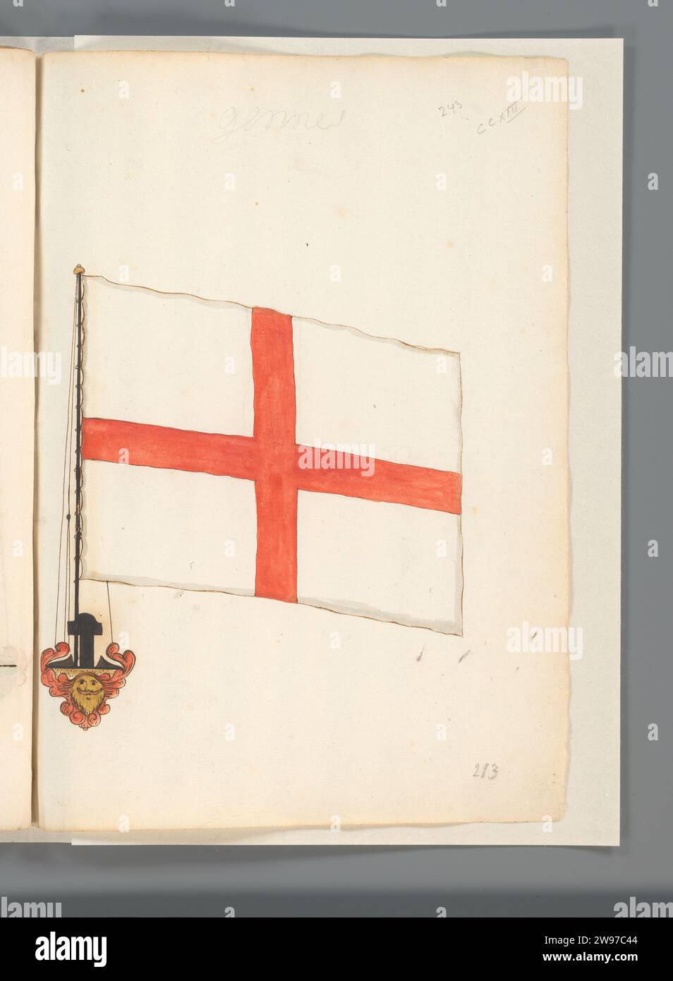 Drapeau de Gênes, Anonyme, 1667 - 1670 dessin drapeau de Gênes. Drapeau blanc sur lequel la Croix-Rouge de Sint-Joris. Drapeau sur flagsteng et pied de mât. Montré sur le folio 107r. Partie d'un livre de drapeaux avec des drapeaux d'Europe, d'Afrique du Nord, du proche et d'extrême-Orient. Papier France. encre. drapeau de dessin d'aquarelle (peinture), couleurs (comme symbole de l'état, etc.) Genou Banque D'Images