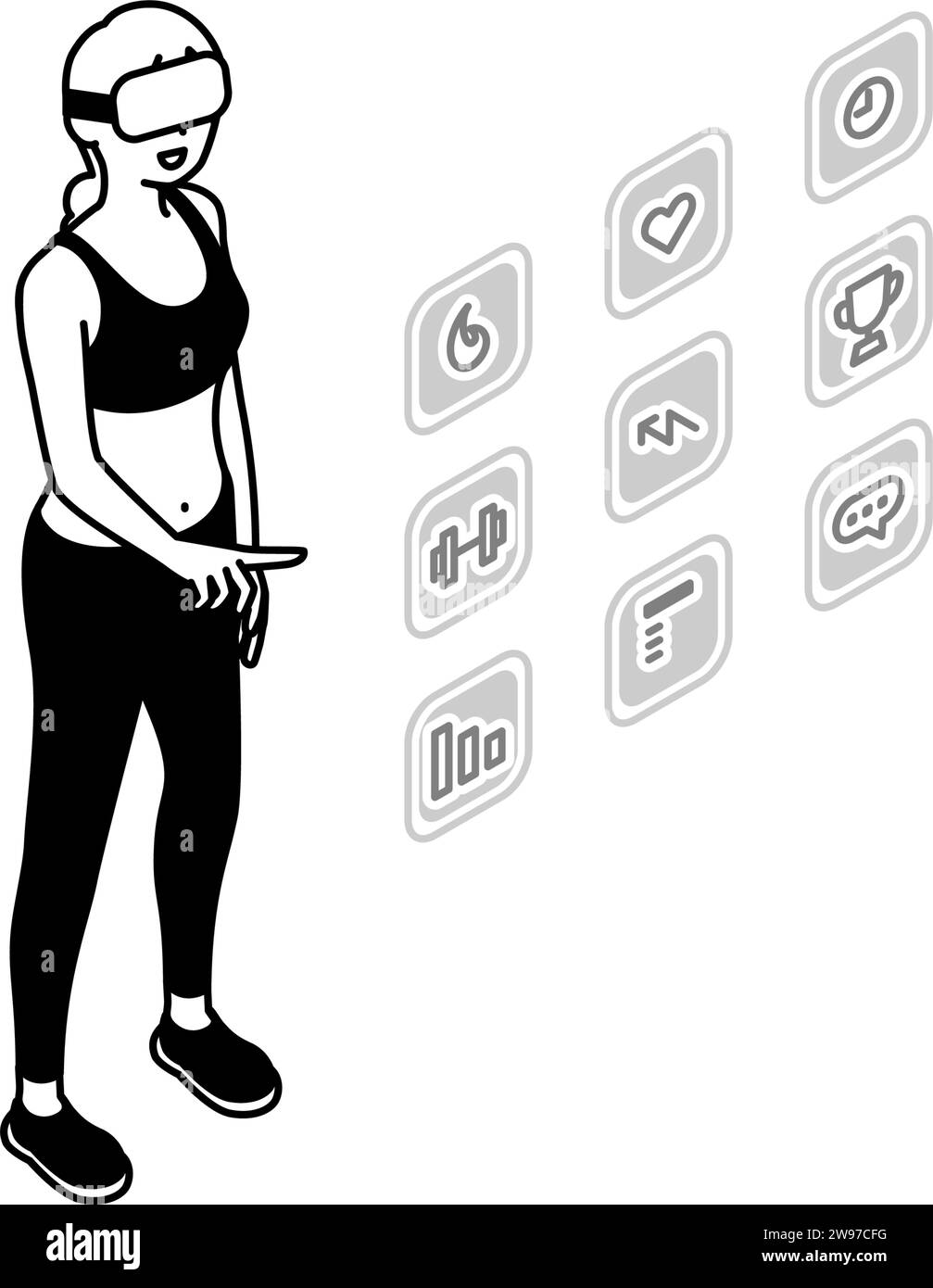 Femme touchant l'icône de menu dans les airs, application de fitness VR, portant des lunettes VR, illustration Vector Illustration de Vecteur