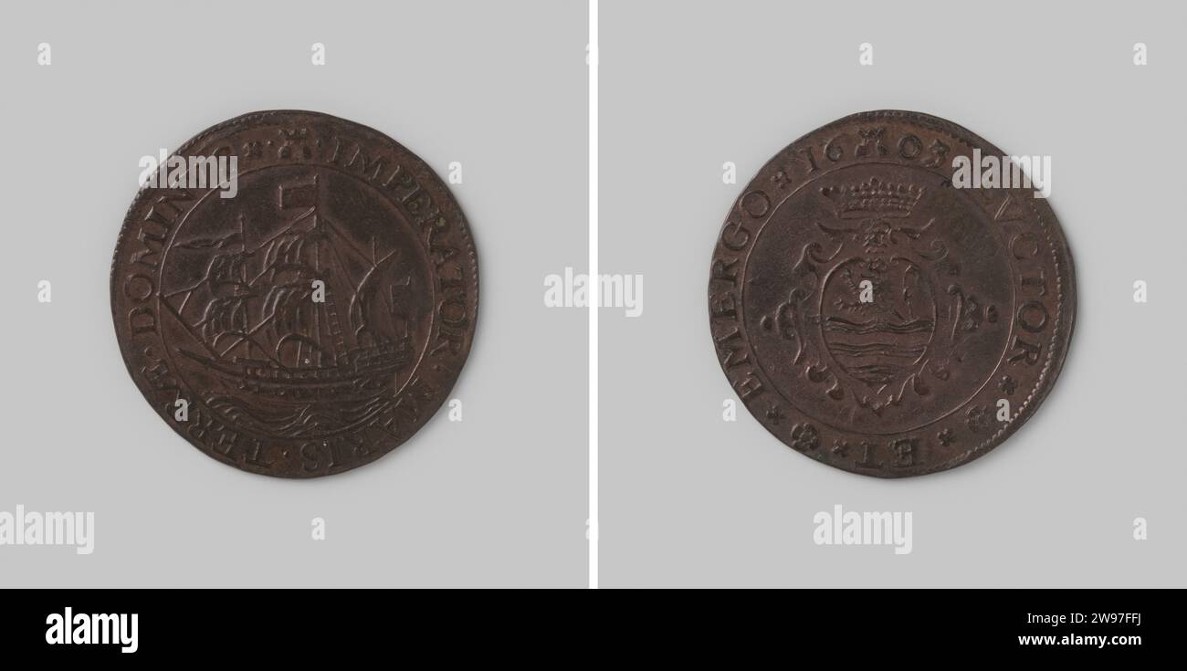 Médaille de calcul de Middelburg pour encourager la navigation maritime en Inde (?) 1603,, médaille d'histoire de 1603. Médaille de cuivre jeton, sur le devant un voilier à gauche avec un changement, les armoiries couronnées de Zélande dans un cartouche au verso, avec un changement. cuivre (métal) frappe (travail des métaux) Banque D'Images
