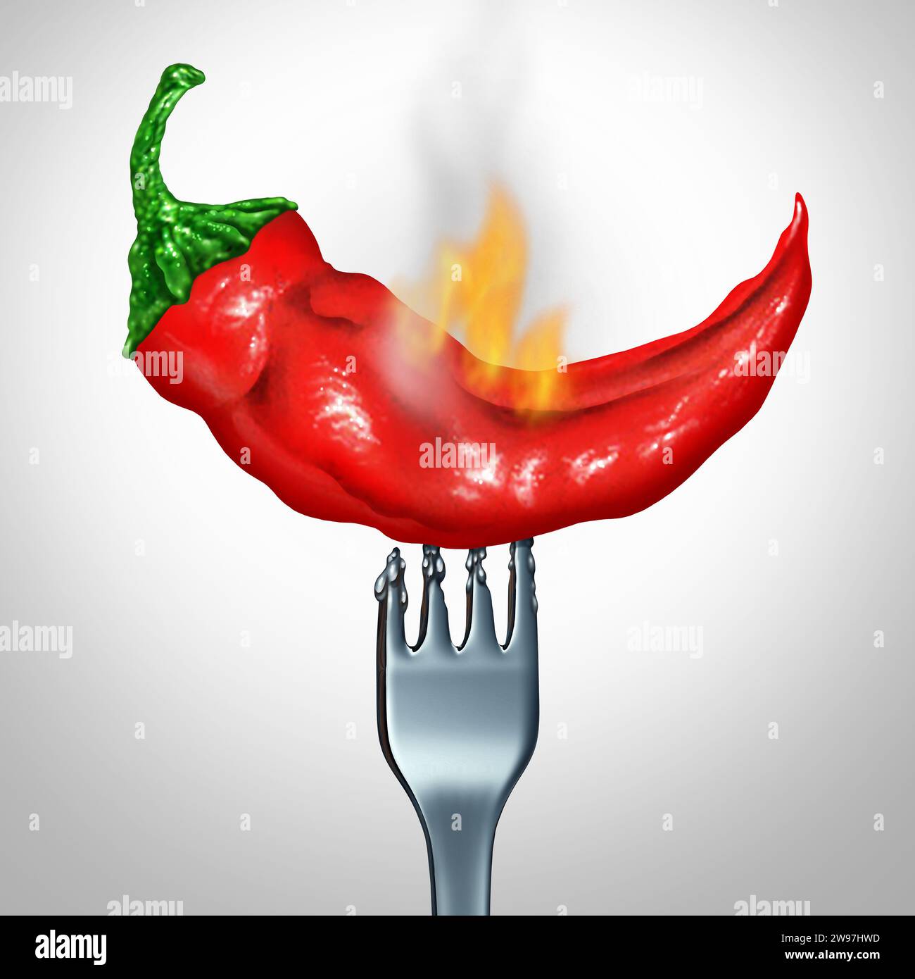 Très Hot Pepper comme ingrédient de chaleur extrême comme un piment rouge au goût épicé très chaud avec une fourchette représentant la cuisine et la cuisine gastronomique. Banque D'Images